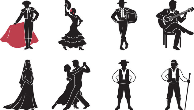 Spanish flamenco dancers and musicians silhouettes set, traditional culture collection with matador guitarist couple and folk characters vector illustration