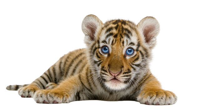 Captivating baby tiger cub with vivid blue eyes lying relaxed and staring intently