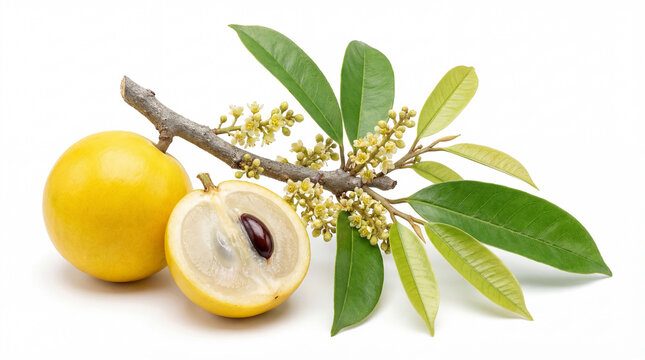 Yellow abiu branch with whole fruit and cut half showing juicy flesh, leaf and flower isolated on white background.
