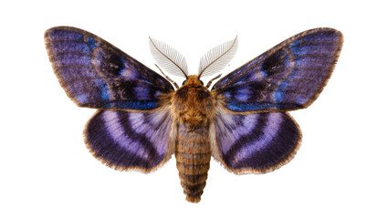 Exquisite purple and blue moth with detailed furry body and intricately patterned wings © Clementine