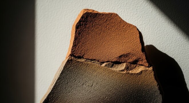 Rough hewn pottery shard fragment with chipped edges, ancient ceramic artifact