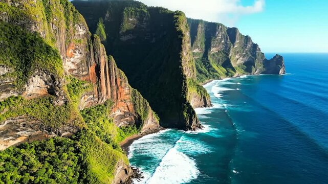 Scenic aerial view of dramatic coastal cliffs, ocean waves, and green vegetation on a bright sunny day