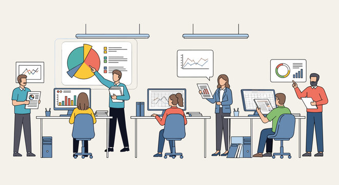 Flat minimalist illustration of company finance department workflow
