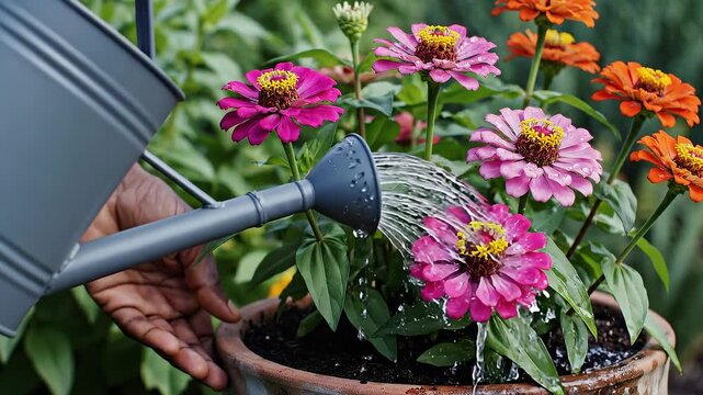 Gardener Watering Pink and Orange Zinnias in a Pot With a Watering Can, Close-Up