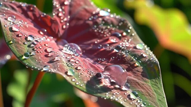 Morning dew drops on a colorful elephant ear plant leaf in macro close-up view.