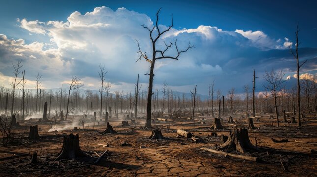 A barren landscape with dead trees and cracked earth, symbolizing environmental destruction and the aftermath of wildfires under a cloudy sky.
