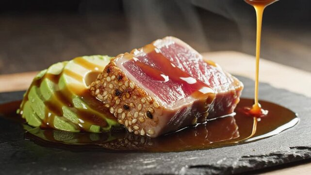 Gourmet seared tuna steak with sesame seeds, avocado and drizzled sauce on a black stone plate