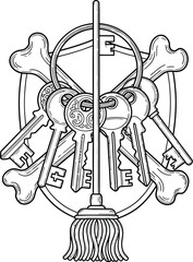 Naklejka premium Broom and bones with decorative keys forming a mystical emblem design