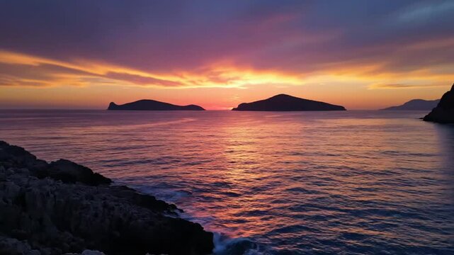 Scenic sunset over the ocean with islands silhouette reflecting vibrant colors and calm sea on the shore