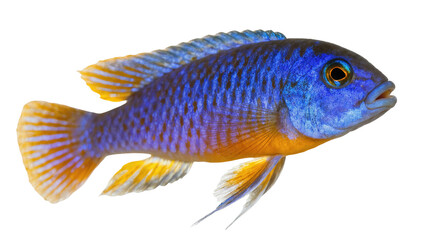 Vibrant blue and orange tropical Cichlid fish with distinct scales and brilliant fins © Clementine