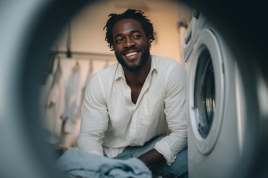 African american man smiling at the camera, doing laundry chores, feeling happy and confident while organizing fresh clothes next to a modern washing machine at home
