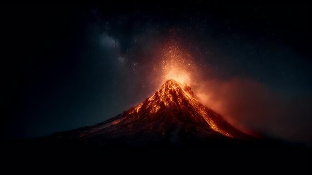 Outdoor exploration adventure. A dramatic, highresolution digital artwork depicts a volcano erupting. The volcanos peak is illuminated by a fiery orange glow, contrasting with the dark.