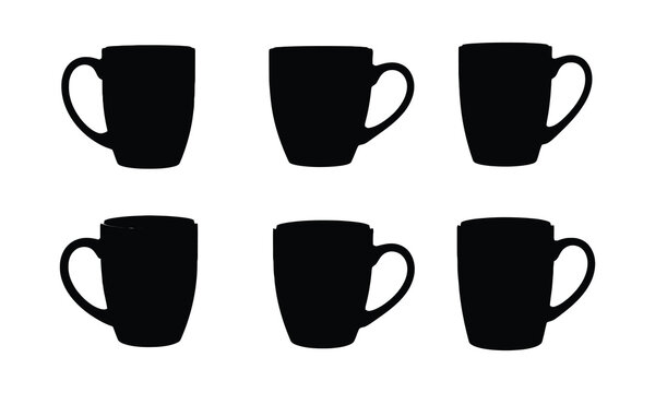 Six black coffee mugs in two rows on a white background