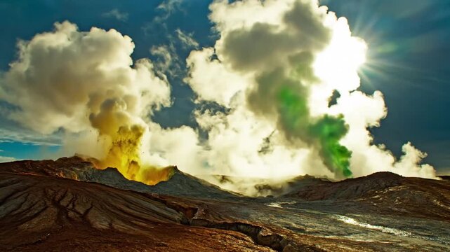 Dramatic landscape of volcanic activity with eruptions and vibrant colored steam plumes under a sunny sky