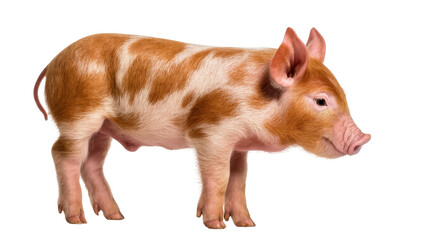Adorable spotted piglet standing in profile, a charming young brown and white farm animal © Clementine