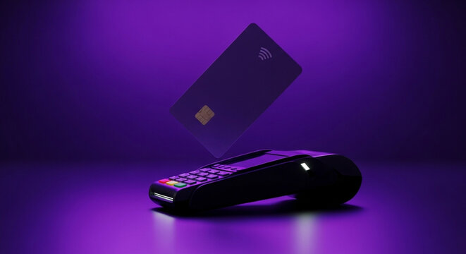 A dark purple image depicts a contactless payment transaction with a card and reader high-quality