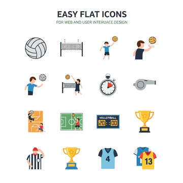 Versatile set of flat volleyball vector icons for web and UI design, ideal for sports applications and digital projects requiring clear, intuitive graphics