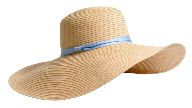 Fashionable beige straw sun hat featuring a light blue ribbon detail, summer accessory