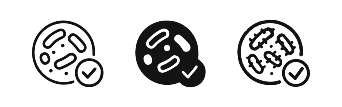 Bacteria or microbes with checkmark icon set. Good bacteria, test result or approval symbol.