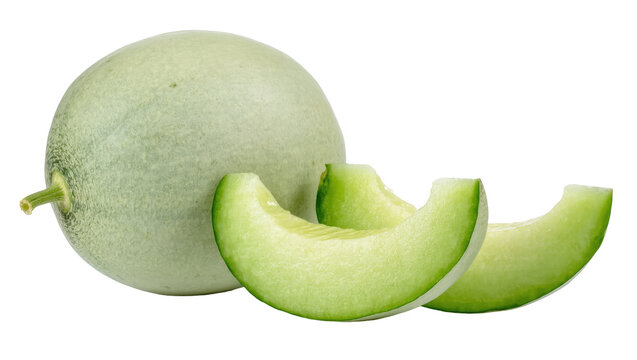 Fresh green honeydew melon whole fruit and juicy slices ready to eat sweet summer snack