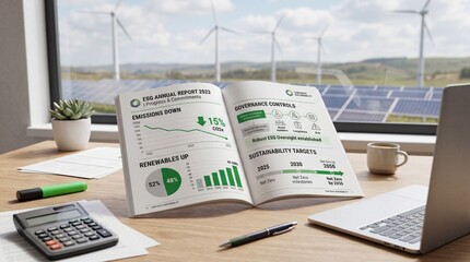 Obraz premium A modern office desk with an open report and laptop overlooking a sustainable energy farm with wind turbines and solar panels