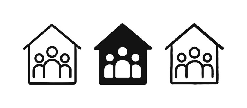 Family home icon set. House with people symbol representing household or community.