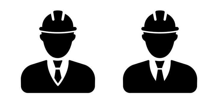 Set of two construction worker icons, engineers in hard hats, professional team, outline, solid, thin, thick, transparent background used for websites and apps.