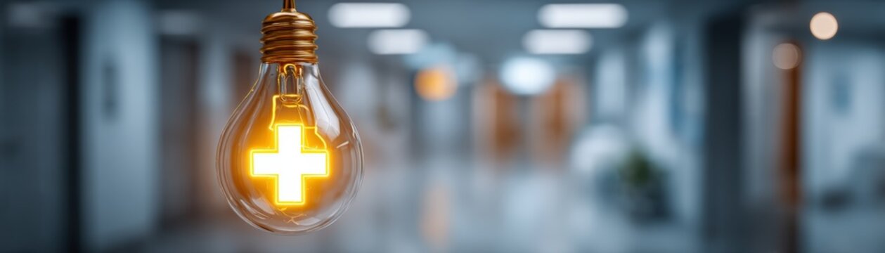A glowing light bulb with a white medical cross inside, symbolizing healthcare innovation and ideas in a blurred modern hospital corridor, Medicines shortage during US and Iran war