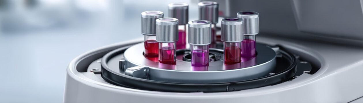 A close-up of a medical centrifuge machine holding test tubes filled with red and pink liquid samples in a laboratory setting, Medicines shortage during US and Iran war
