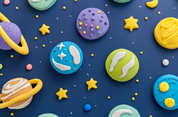 Fototapeta premium Cute space themed clay cookies planets stars pastel colors dark blue background flat lay playful design