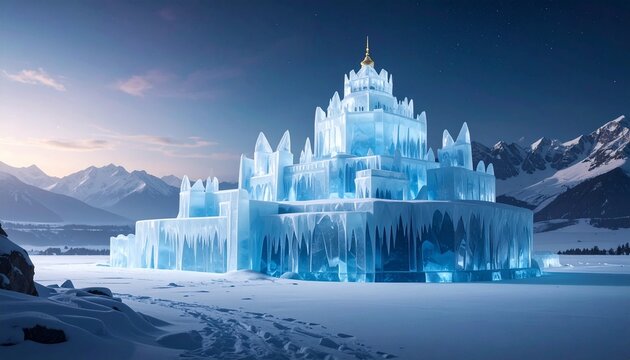 Frozen Ice Castle in Winter Landscape.