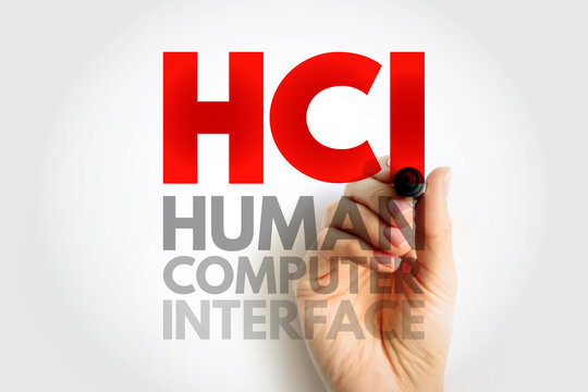 HCI Human Computer Interface text on image expressing interaction between person and machine, showing system usability, technology design, computing connection, and digital operation concept