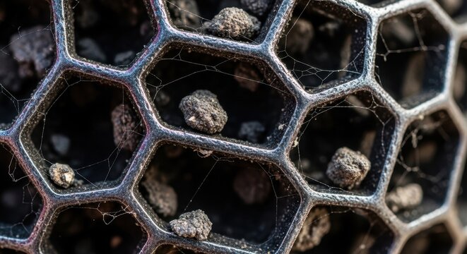 Beehive honeycomb with eggs inside cells.