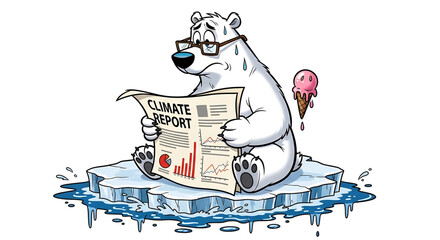 Fototapeta premium A polar bear wearing glasses sits on a melting ice block reading a climate report with a concerned expression.