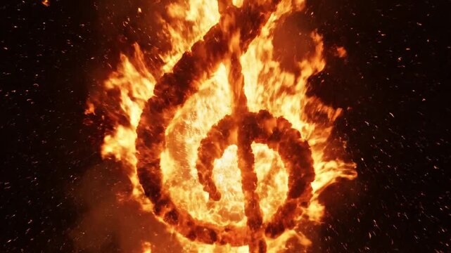 A musical treble clef symbol made of burning fire and glowing embers with orange and yellow flames flickering against a solid black background with visible sparks and heat haze.