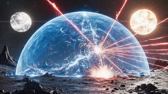 Futuristic space scene with a large blue planet under attack from laser beams in a distant galaxy with two suns