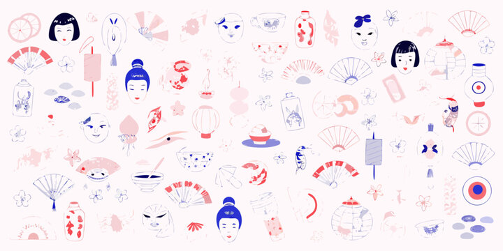 A playful pattern of japanese themed illustrations and cultural elements