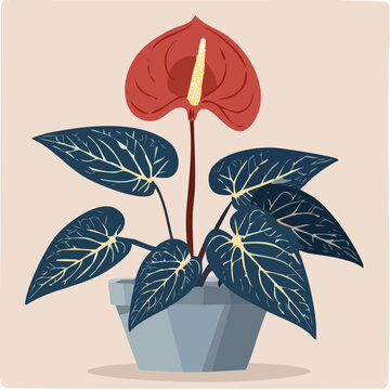 Vibrant Flat Vector Illustration of an Anthurium Houseplant with Red Heart-Shaped Flower and Dark Foliage in a Geometric Pot