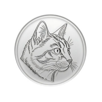 Silver coin with engraving of a cat isolated on transparent background