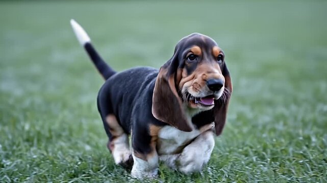Adorable Basset Hound Puppy Running Across Green Grass Field, Close-Up