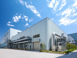 Obraz premium 青空の下にそびえ立つ近代的な工場外観と銀色の配管パイプが並ぶ工業地帯の風景