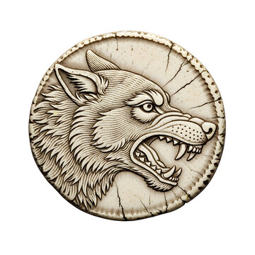 Stone coin with engraving of wolf isolated on transparent background