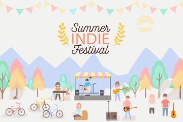 Naklejka premium A colorful indie music festival scene with mountains and cheerful attendees