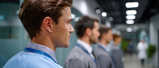 Fototapeta premium Healthcare professionals networking event hospital setting group portrait indoor environment close-up perspective