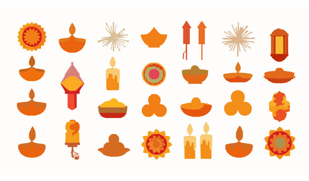 Happy Diwali icon set festival celebration diya lantern rangoli vector illustration
