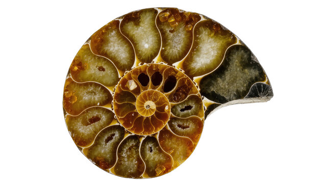 Fossilized ammonite shell cross-section revealing beautiful internal spiral chambers