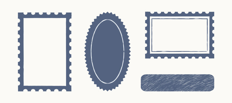 Geometric crayon stamp set. Hand drawn blue frames, borders for school, children's art, postcard, stickers, wedding invitations. Doodle shape box collection. Isolated whimsical vector illustration