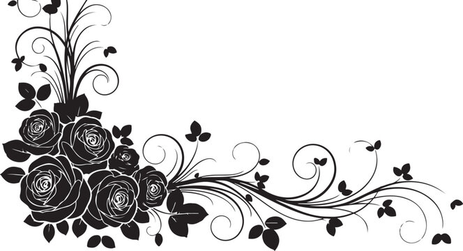 Black floral border, elegant rose vines, decorative leaf swirls, vector illustration