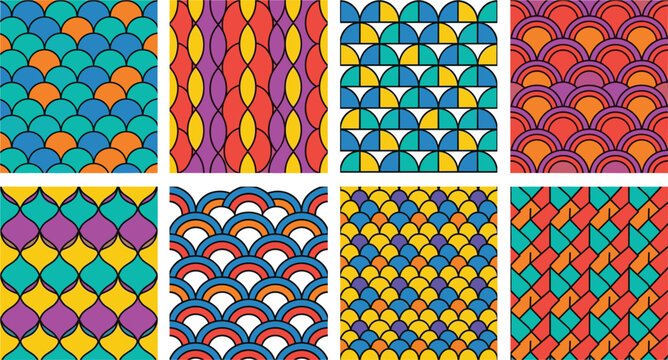 Set of vibrant seamless patterns including geometric scales abstract shapes and decorative repeating backgrounds for textile fabric wrapping paper vector