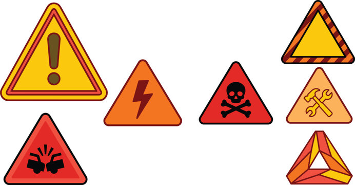 Set of warning hazard triangle signs including danger electricity toxic explosion construction caution symbols isolated vector illustration for safety awareness design